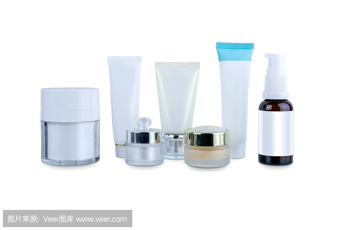 收集各种美容化妆品卫生容器塑料瓶与身体保湿隔离在白色背景